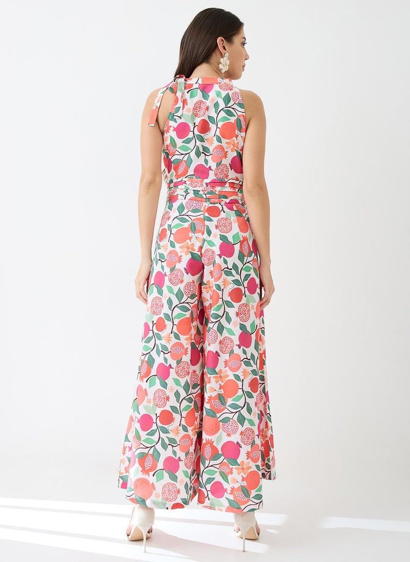 Globus Women Pink Floral & Fruit Print Halter Neck Pleated Detail Flared Fusion Jumpsuit - Image 4